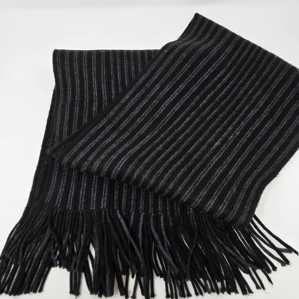 MICHAEL KORS LONG BLACK & GREY STRIPE SCARF FRINGE ENDS UNISEX OS WINTER COSY